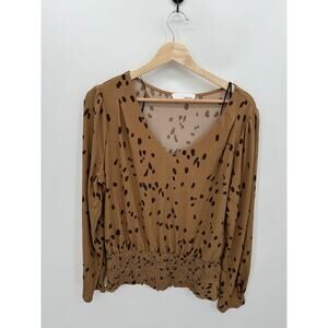 Heatherly Top Women XL Brown Black Polka Dot Cinch Waist Stretch Blouse V Neck